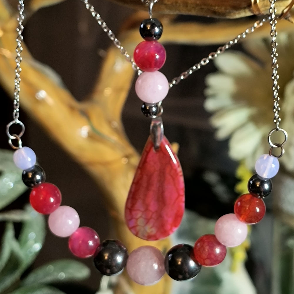 Vibrant Dragons Vien Agate, Opal & Henatite Beaded Necklace Set. 3 PC Hi